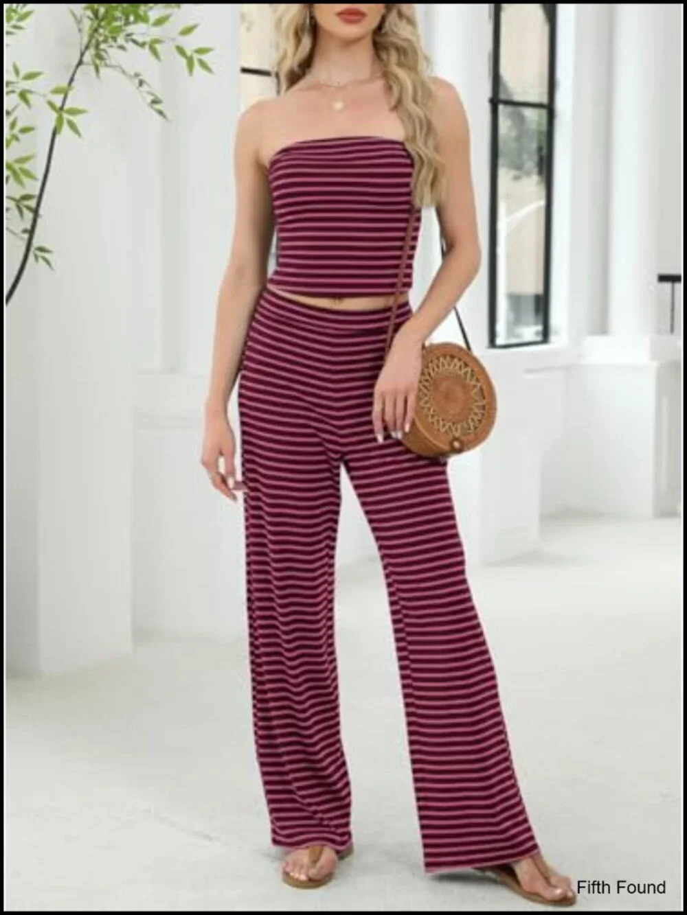 Two Piece Lounge Set Striped Tube Top and Wide Leg Pants Summer Outfit